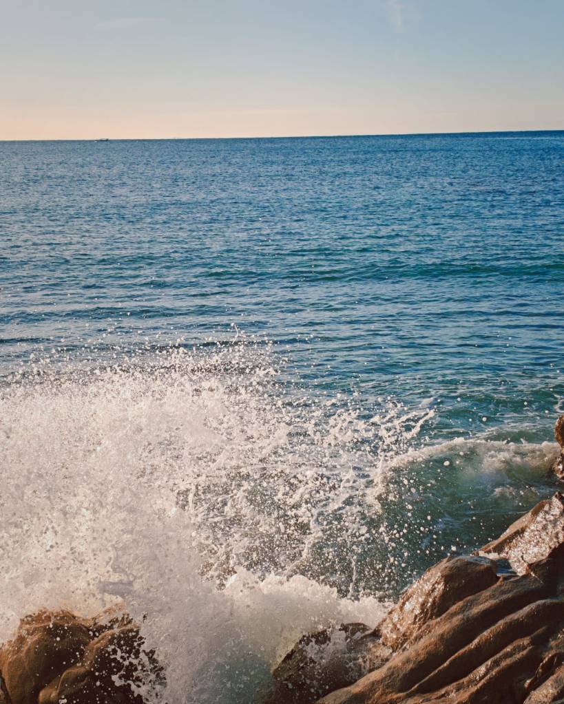 Ola rompiendo contra las rocas en el mar durante una excursión en Palamós, una imagen que evoca el cuerpo en alerta en la sensibilidad central.